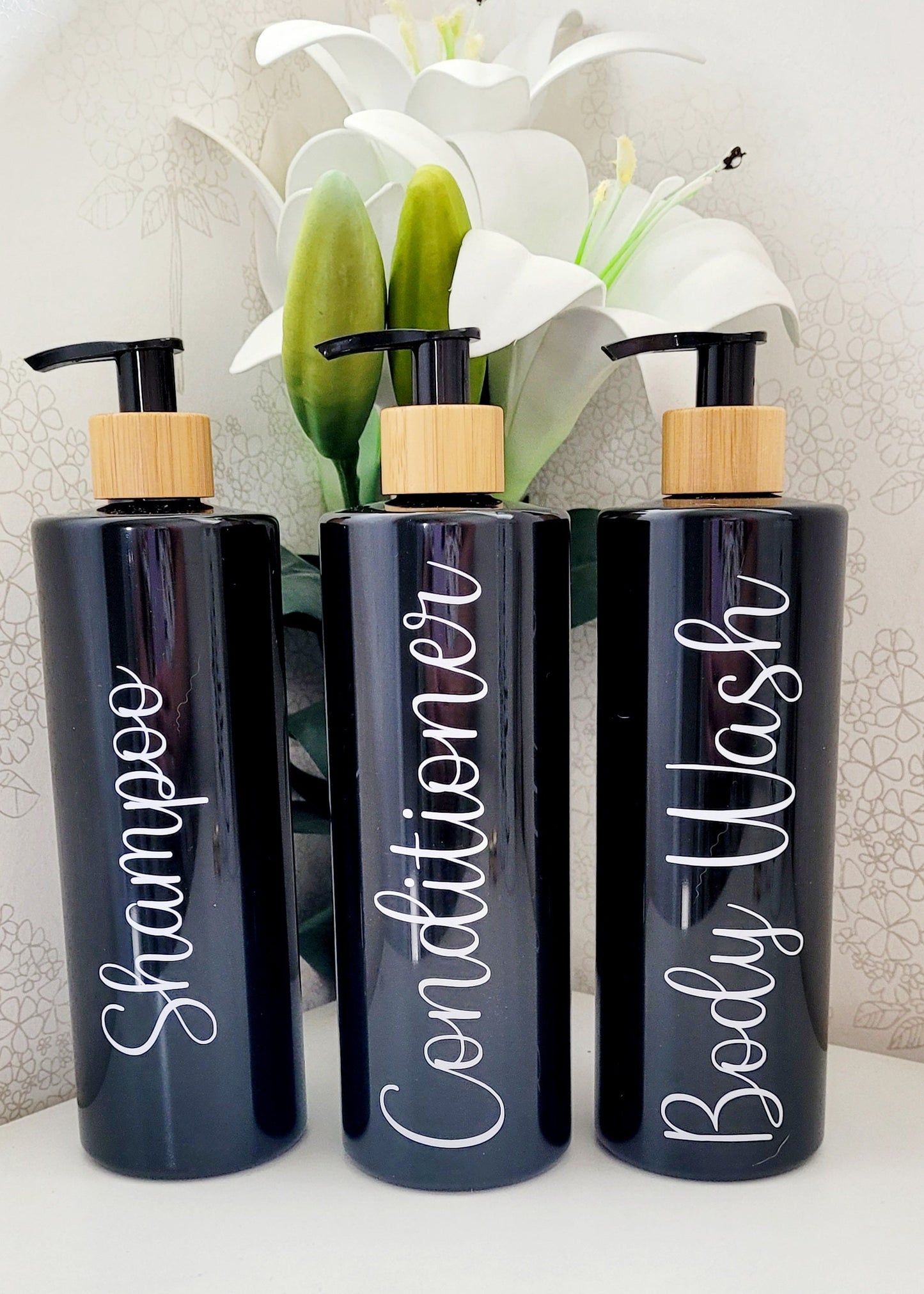 Set of 3 Bathroom Bamboo pump bottles/shampoo/conditioner/body wash/shower gel 500ml PET pump bottles