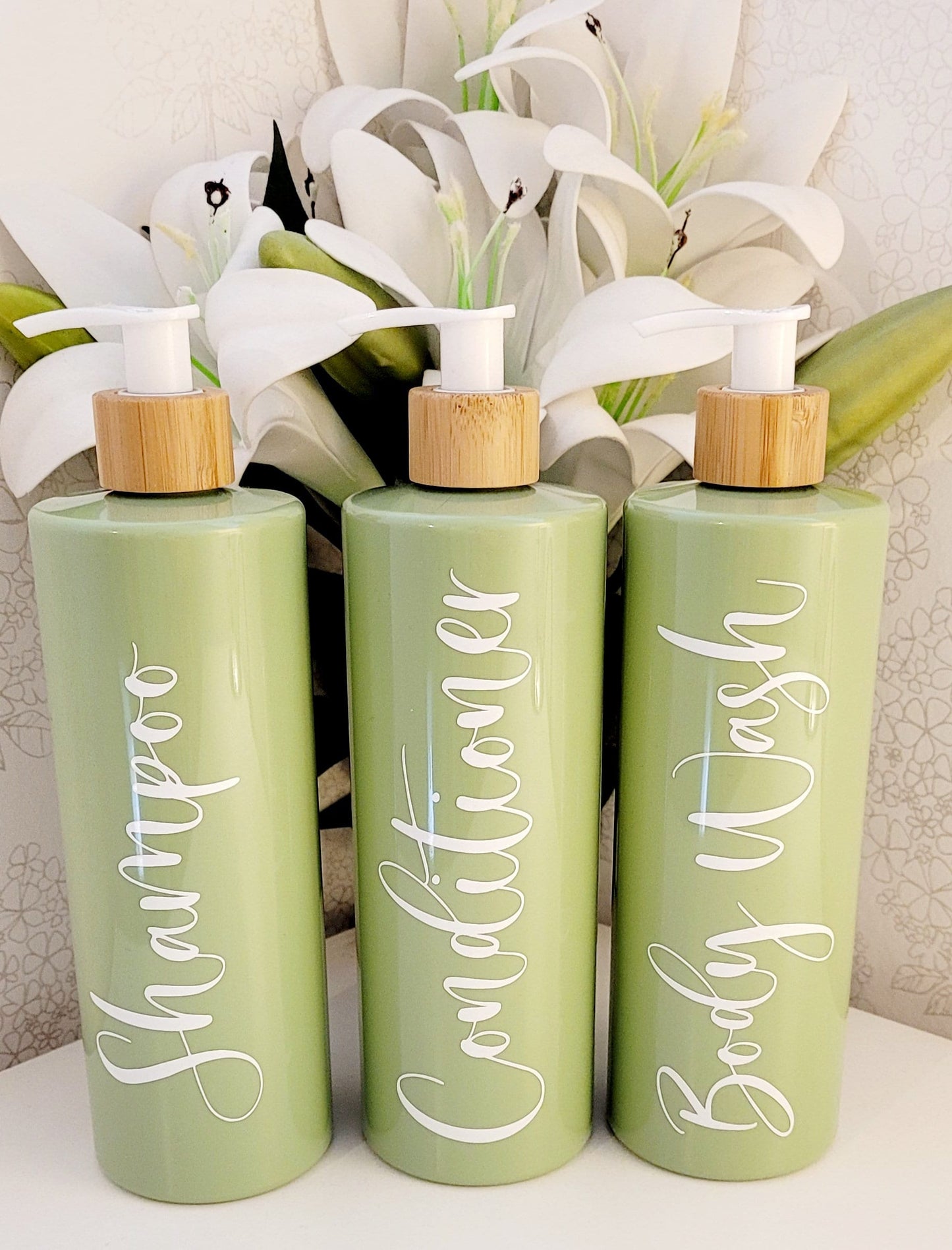Set of 3 Bathroom Bamboo pump bottles/shampoo/conditioner/body wash/shower gel 500ml PET pump bottles