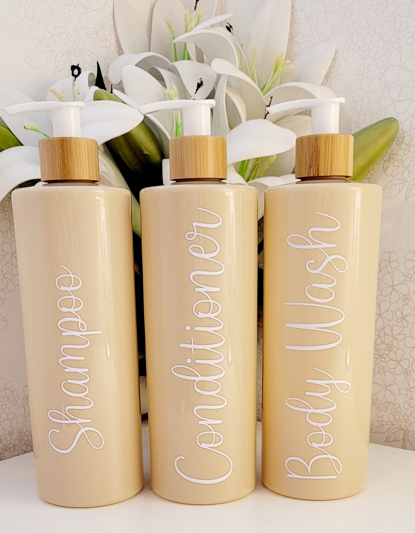 Set of 3 Bathroom Bamboo pump bottles/shampoo/conditioner/body wash/shower gel 500ml PET pump bottles