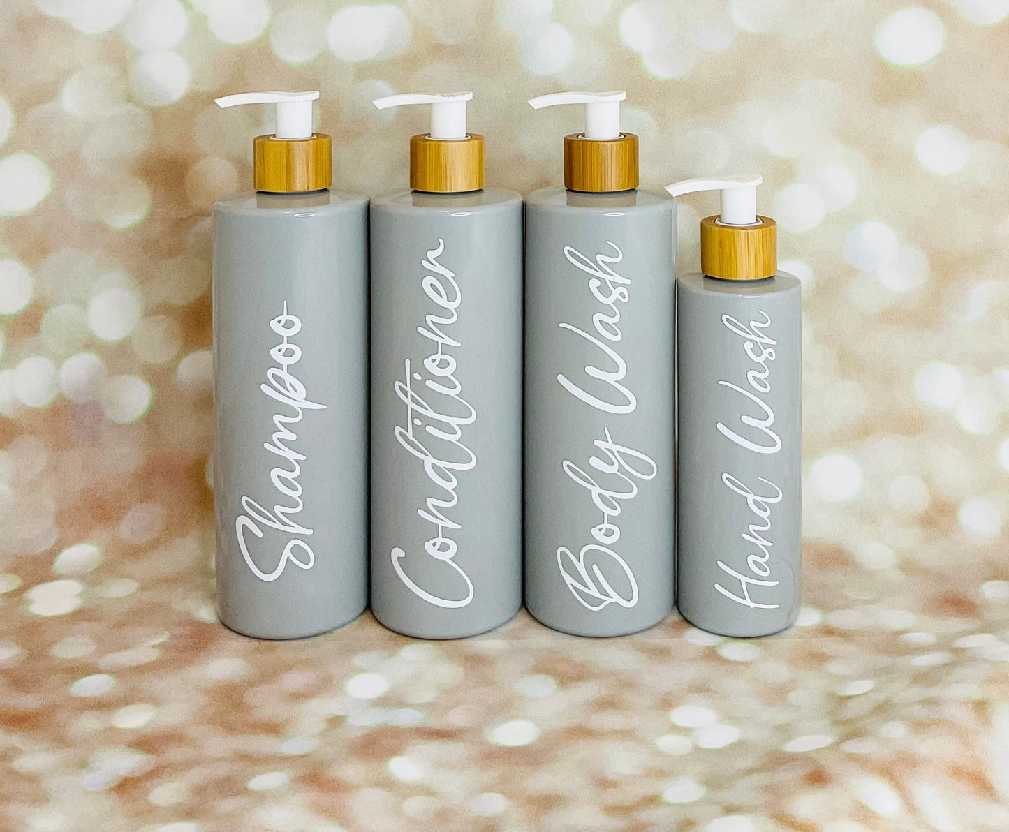 Set of 3 Bathroom Bamboo pump bottles/shampoo/conditioner/body wash/shower gel 500ml PET pump bottles