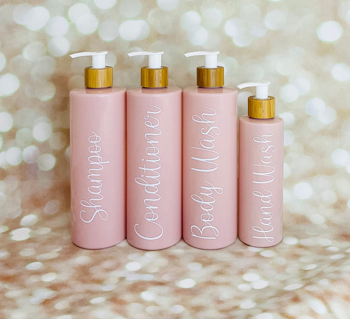 Set of 3 Bathroom Bamboo pump bottles/shampoo/conditioner/body wash/shower gel 500ml PET pump bottles