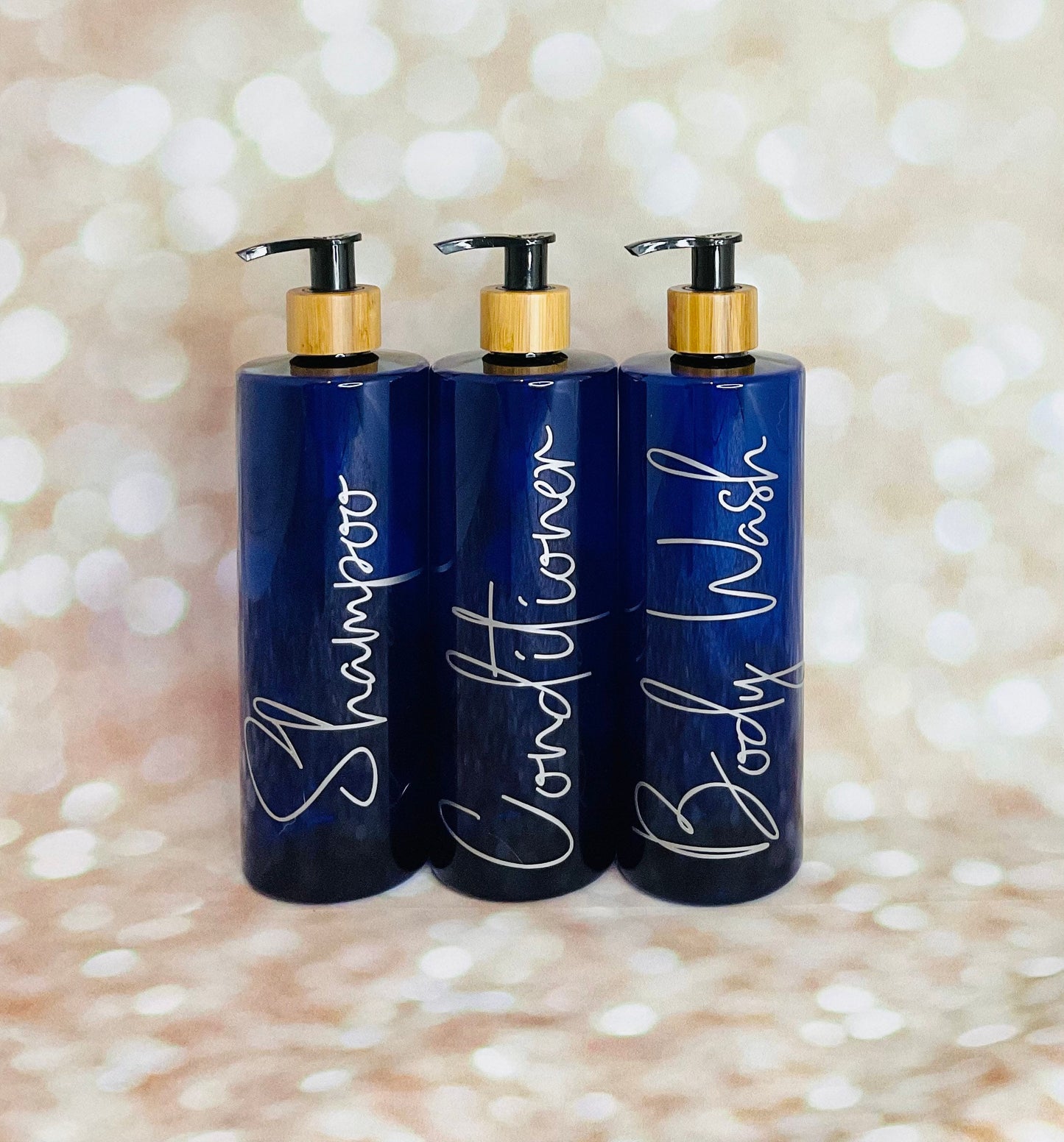 Set of 3 Bathroom Bamboo pump bottles/shampoo/conditioner/body wash/shower gel 500ml PET pump bottles