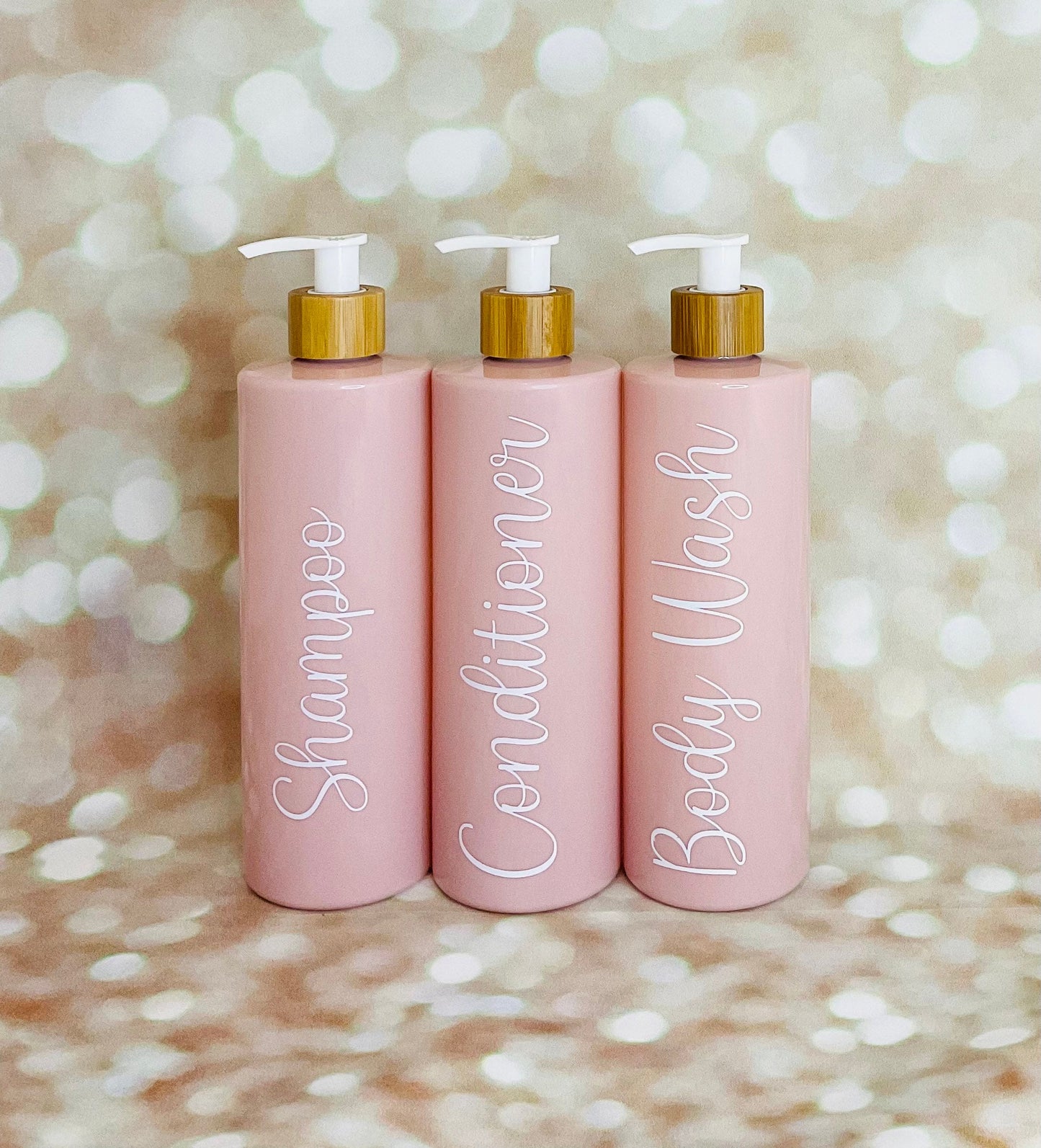 Set of 3 Bathroom Bamboo pump bottles/shampoo/conditioner/body wash/shower gel 500ml PET pump bottles