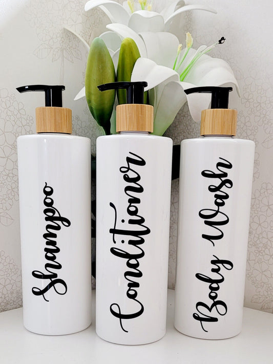 Set of 3 Bathroom Bamboo pump bottles/shampoo/conditioner/body wash/shower gel 500ml PET pump bottles