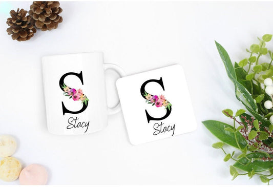 Personalised Floral Initial Mug and/or Coaster