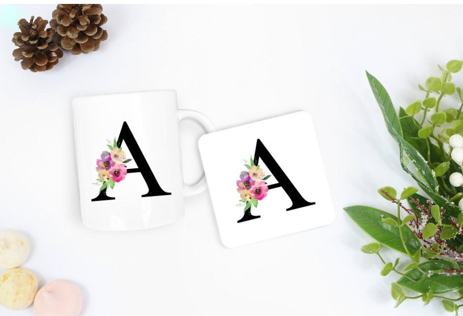 Personalised Floral Initial Mug and/or Coaster