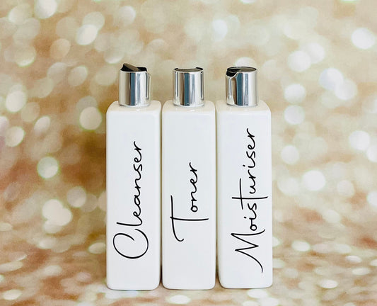 Set of 3 Cleanser, Toner, Moisturiser 250ml PET tested flip cap bottles