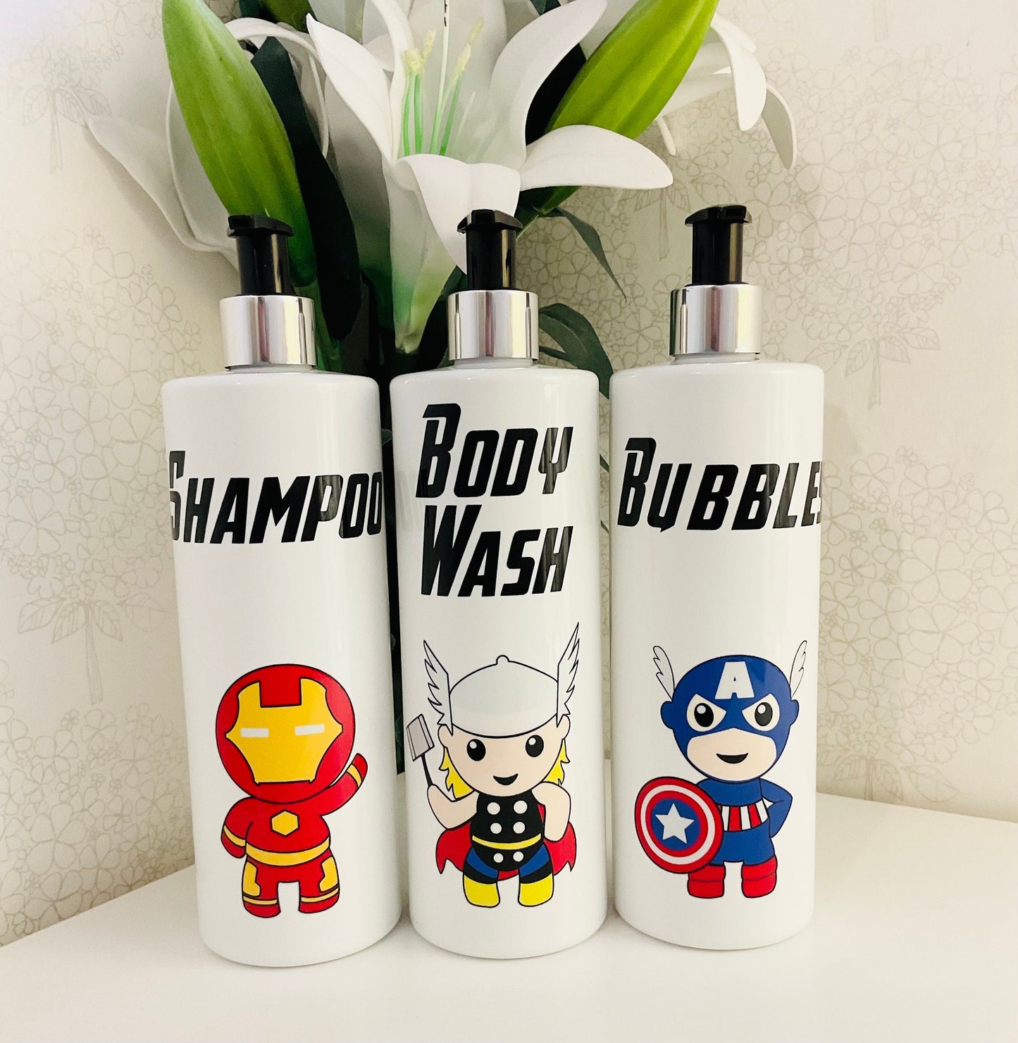 Superhero White Kids Pump Bottles