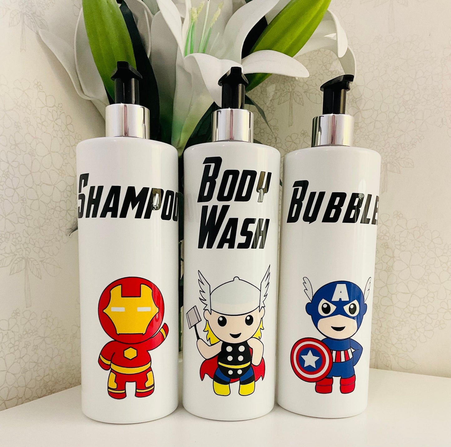 Superhero White Kids Pump Bottles