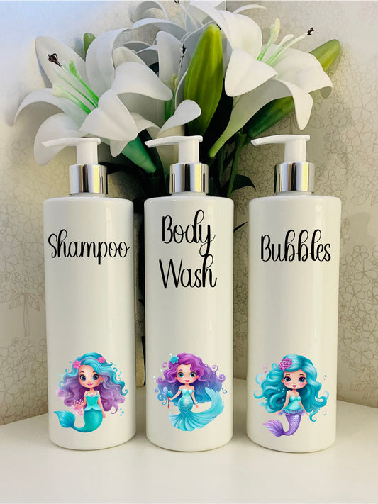 Mermaid girls White Kids Pump Bottles - Personalised refillable 500ml bottles, Bathroom, Children’s.