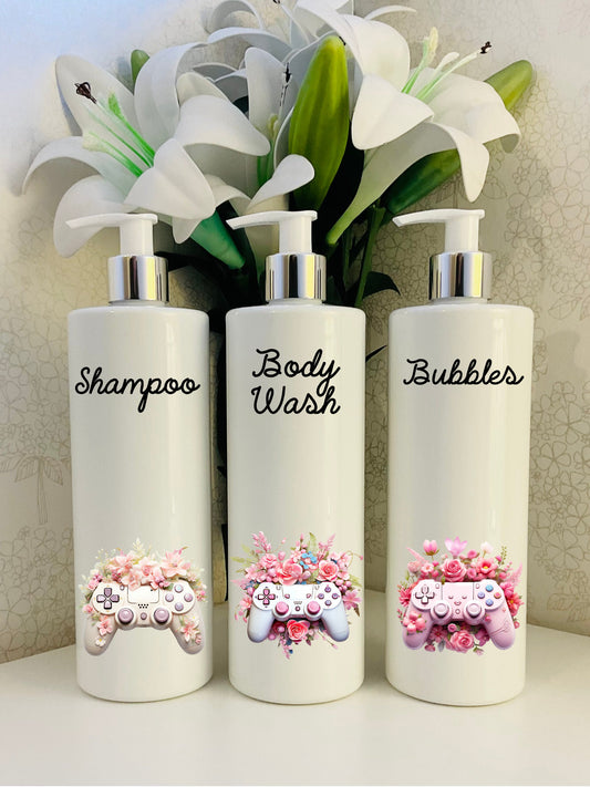 Gaming girls White Kids Pump Bottles - Personalised refillable 500ml bottles, Bathroom, Children’s.