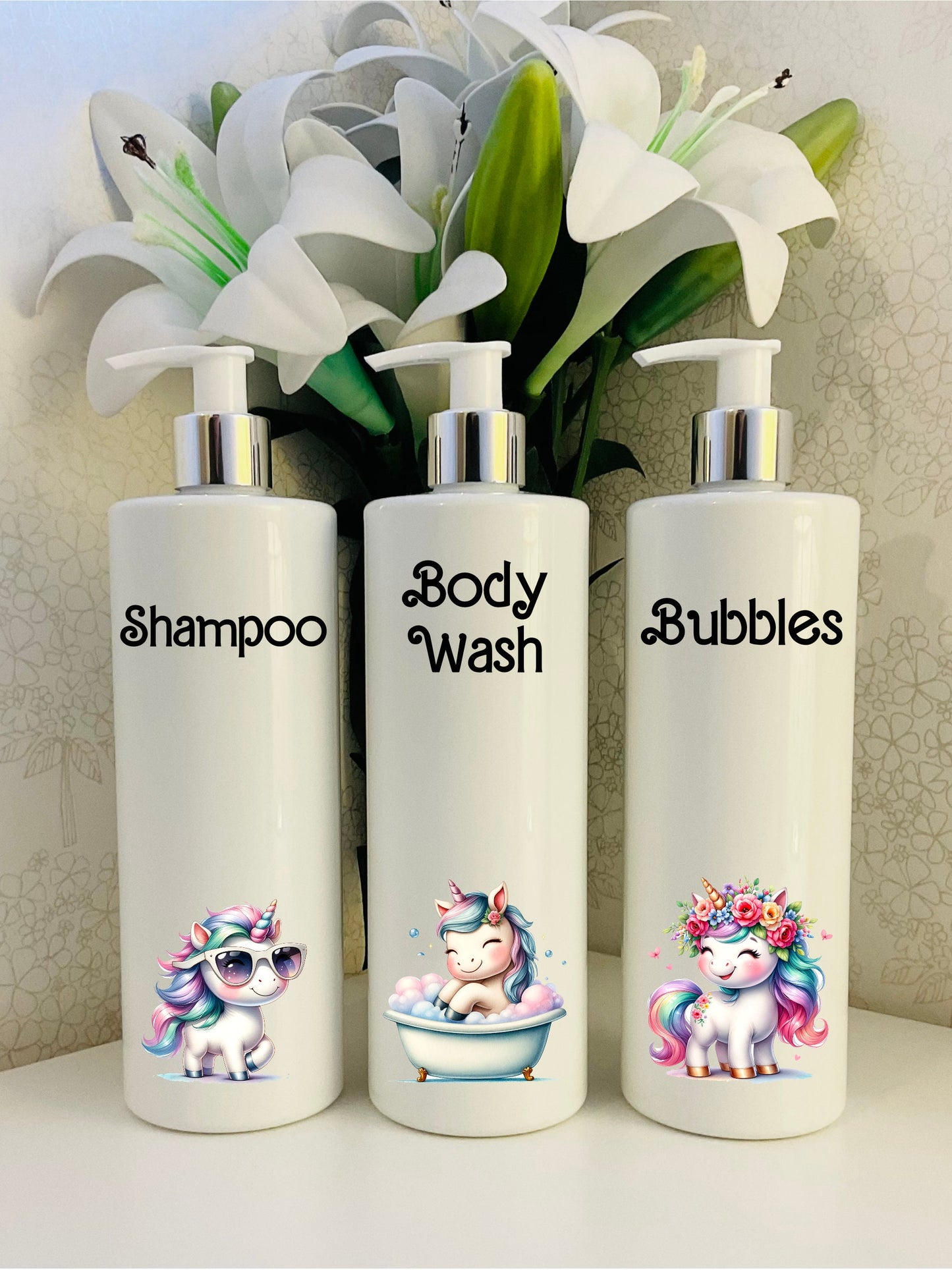 Unicorn girls White Kids Pump Bottles - Personalised refillable 500ml bottles, Bathroom, Children’s.