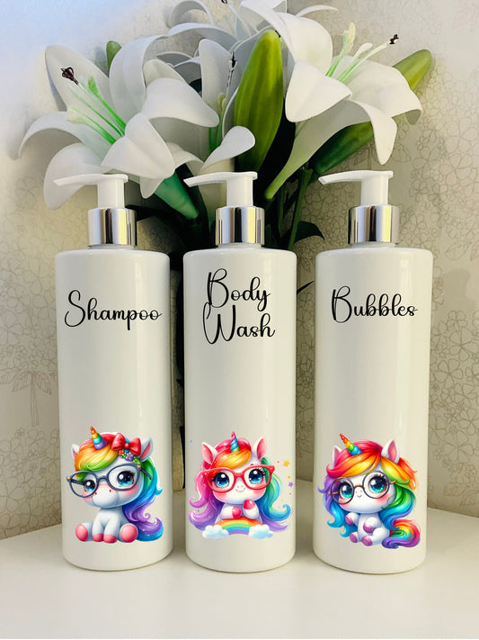 Unicorn girls White Kids Pump Bottles - Personalised refillable 500ml bottles, Bathroom, Children’s.