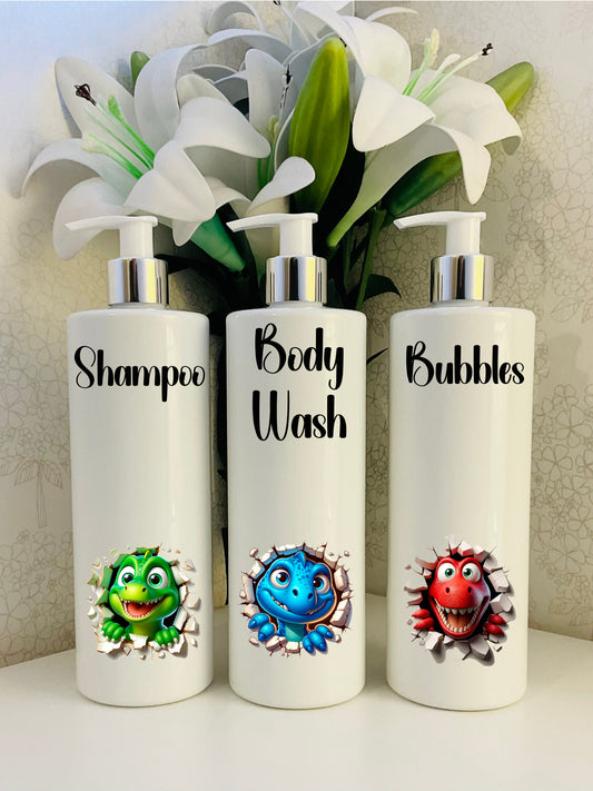 Dinosaur White Kids Pump Bottles - Personalised refillable 500ml bottles, Bathroom, Children’s.