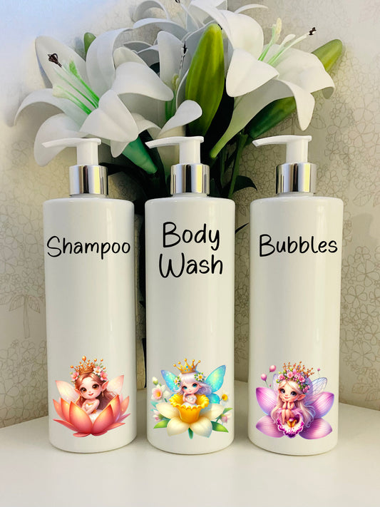 Fairy girls White Kids Pump Bottles - Personalised refillable 500ml bottles, Bathroom, Children’s.