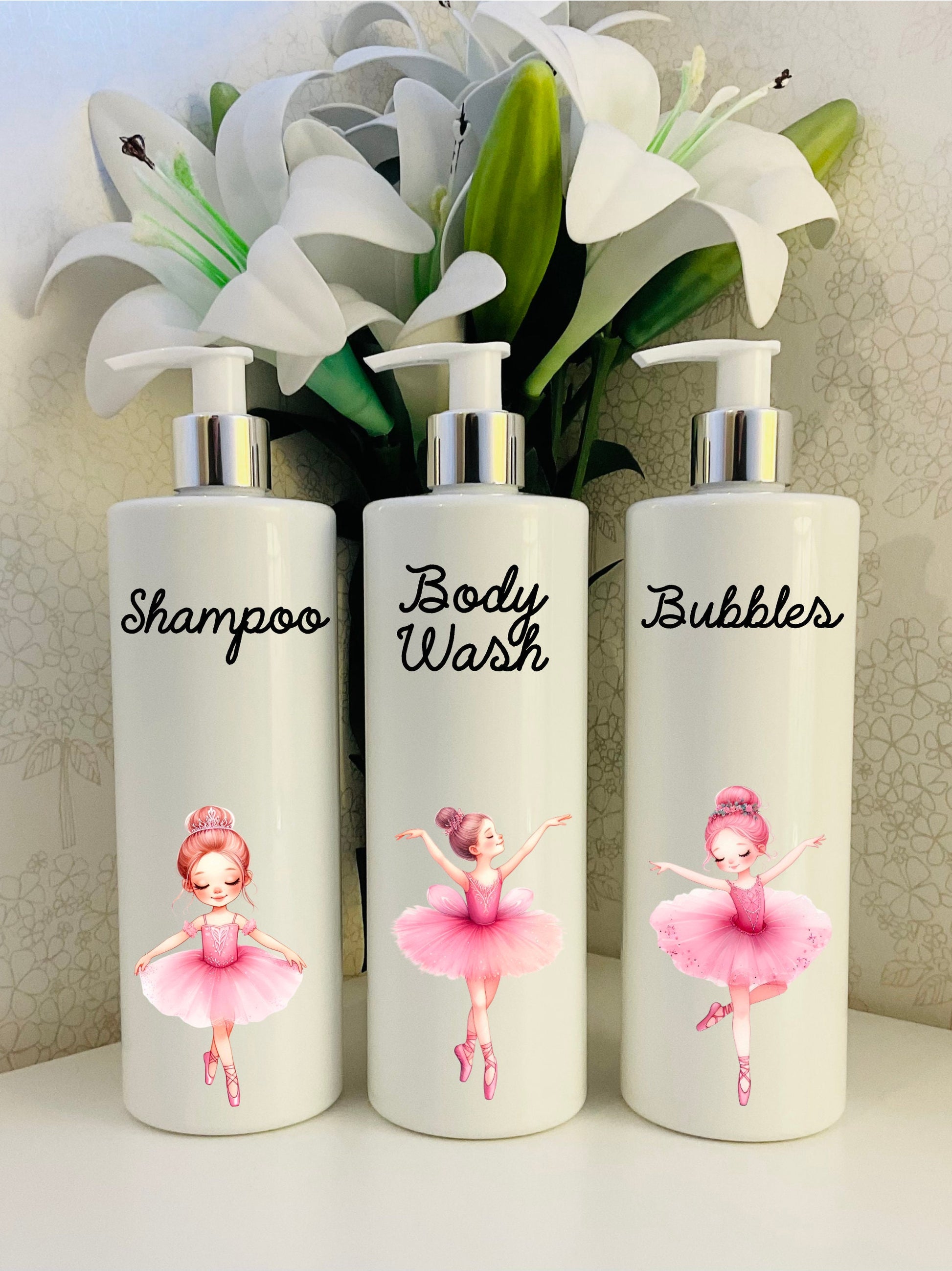 Ballerina girls White Kids Pump Bottles - Personalised refillable 500ml bottles, Bathroom, Children’s.