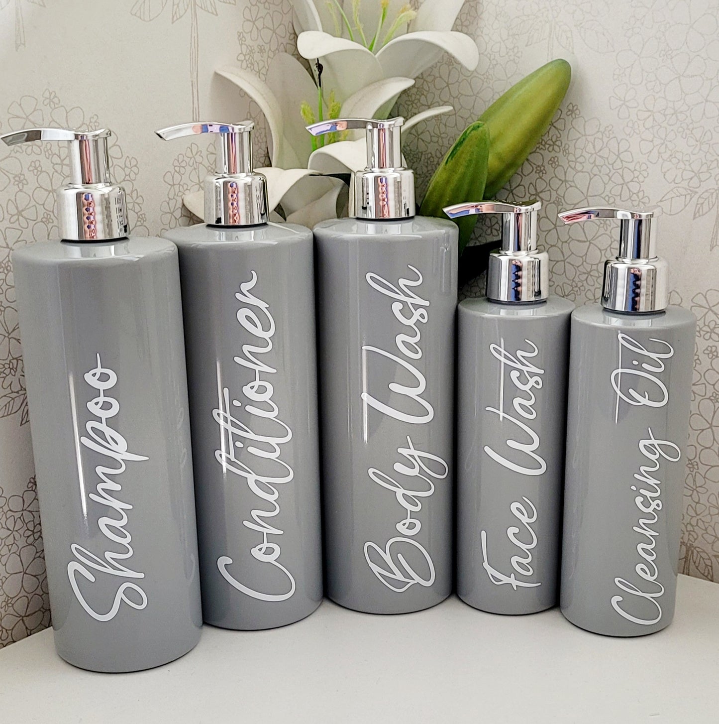 Grey Round Bathroom Pump Bottles