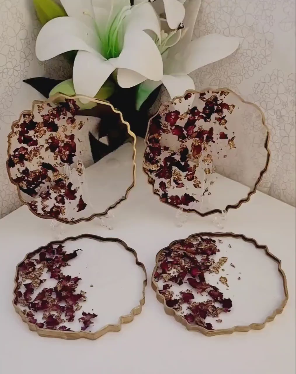 Real dried red rose petals and gold leaf coasters/housewarming/unique gift/wedding gift