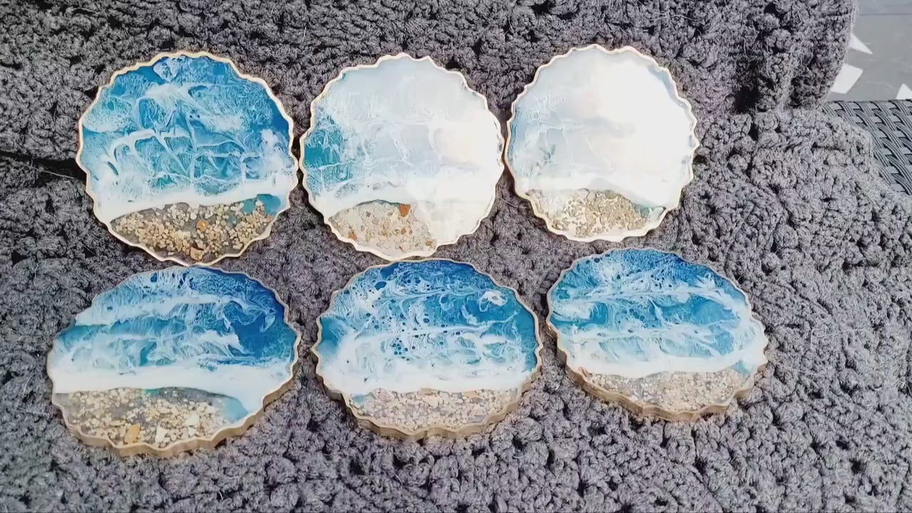 Beach inspired resin coasters/ocean/waves/sand