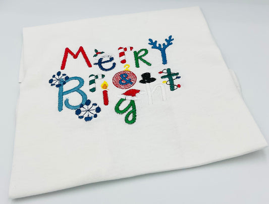 Children’s Christmas Embroidered T Shirt, Merry & Bright T Shirt, Personalised Top, Christmas Top, Custom Christmas T Shirt